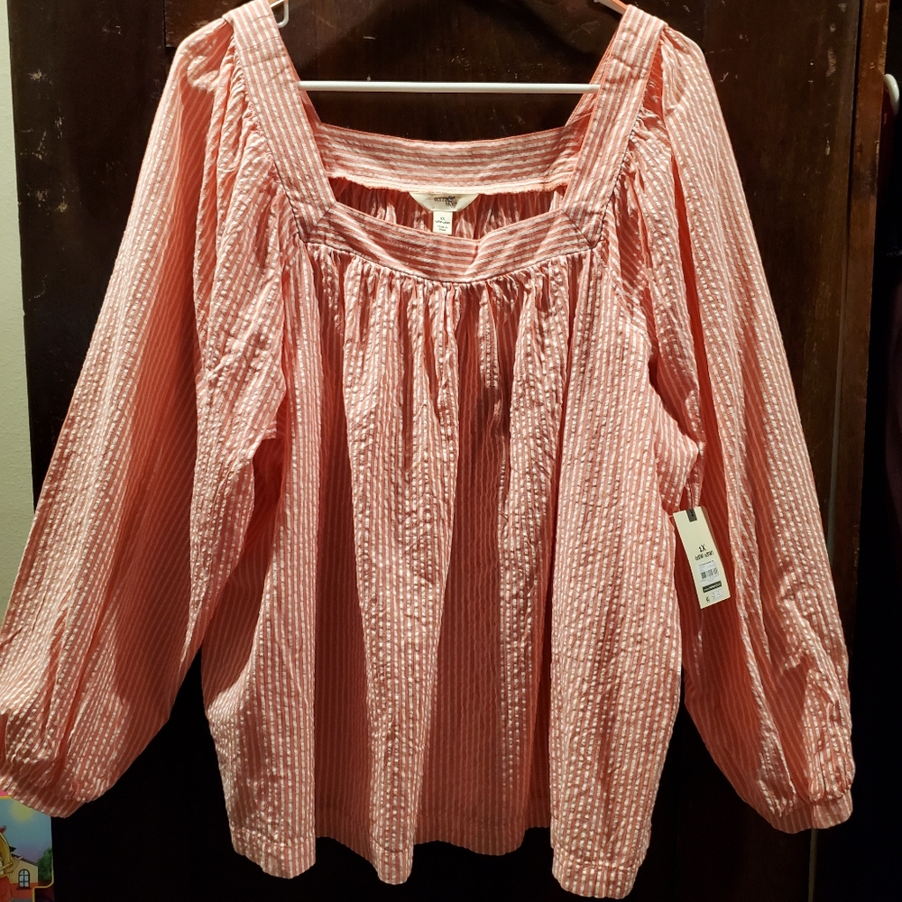 Womens Terra & Sky 1X (16W - 18W) Top Blouse Coral/Orange and White Brand New